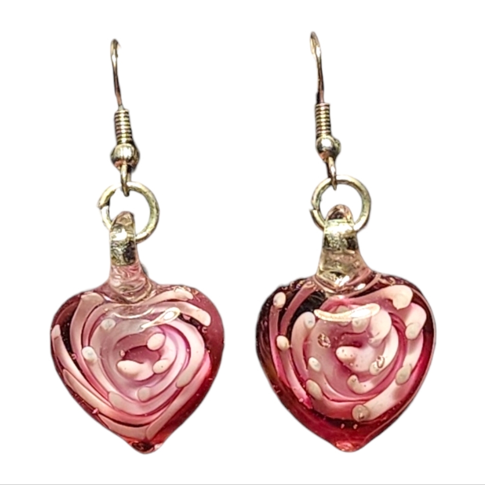 Pink and White Glass Heart Dangle Earrings Valentine's - Picture 1 of 2
